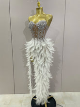 2025 Luxury Sparkle Rhinestone White Feather Sexy Mesh Long Dress Women Evening Party Birthday Performance Photoshoot Costume